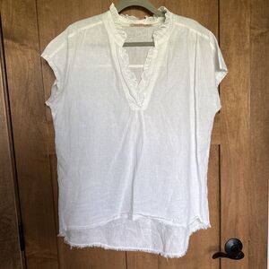 Wearables XCVI Size L White Idra Ruffle Linen Blend Top Hi-Low Raw Edge NWOT